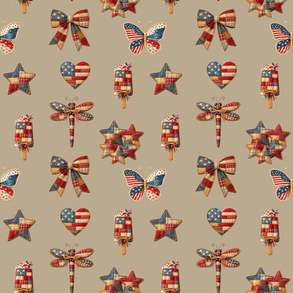patriotic, red white and blue, stars, hearts, butterflies, dragonflies, bows, popsicles, americana, fourth of july, independence day, summer, rustic, vintage, traditional, folk art, quilted, checkered, gingham, plaid, tan background, navy blue, red, cream, stars and stripes, firecracker, holiday, celebration, patriot, kids room