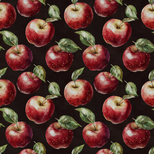 red apples, deep red, forest green, sage green, dark background, black background, fruit pattern, botanical, nature themed, orchard, apple motif, leaves, rustic, farmhouse, autumn, fall, harvest, traditional, vintage inspired, kitchen decor, home decor, cozy, natural elements, watercolor style, detailed illustration, classic pattern, countryside, farm fresh, seasonal
