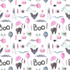 hot pink, dusty blue, sage green, soft gray, white background, halloween, spooky, ghostly, witch theme, bat motif, black cat, potion bottles, candy corn, spider web, celestial, moon, clouds, balloons, "boo" text, whimsical, playful, kids room, nursery, toddler, halloween party, trick or treat, haunted house, magical, enchanted, autumn