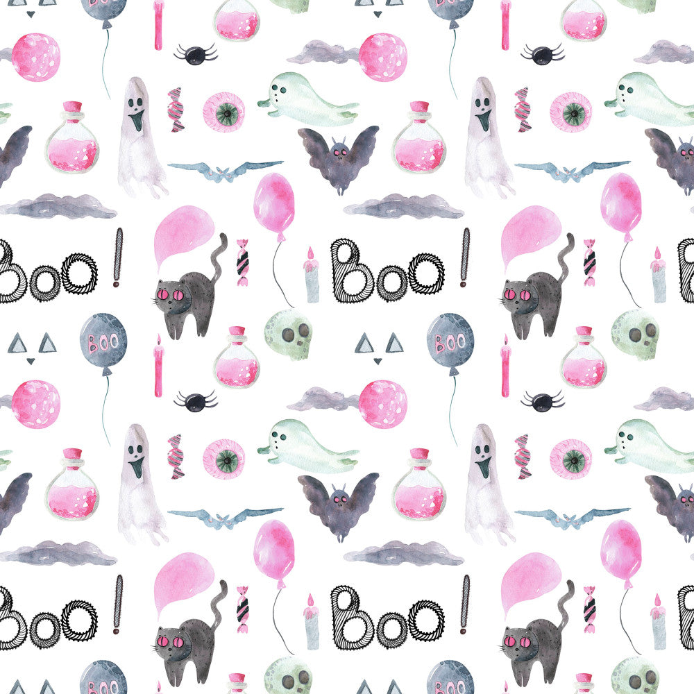 hot pink, dusty blue, sage green, soft gray, white background, halloween, spooky, ghostly, witch theme, bat motif, black cat, potion bottles, candy corn, spider web, celestial, moon, clouds, balloons, "boo" text, whimsical, playful, kids room, nursery, toddler, halloween party, trick or treat, haunted house, magical, enchanted, autumn