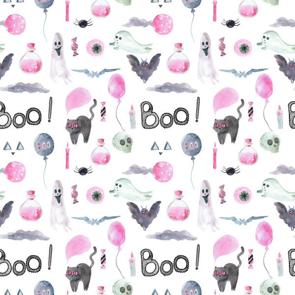 hot pink, dusty blue, sage green, soft gray, white background, halloween, spooky, ghostly, witch theme, bat motif, black cat, potion bottles, candy corn, spider web, celestial, moon, clouds, balloons, "boo" text, whimsical, playful, kids room, nursery, toddler, halloween party, trick or treat, haunted house, magical, enchanted, autumn