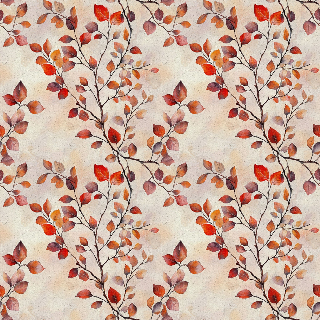 autumn leaves, fall foliage, red leaves, orange leaves, burgundy leaves, brown branches, seasonal pattern, nature design, botanical print, watercolor style,, fabric panel, warm tones, earth colors, leaf branches, organic motif, rustic charm, cozy atmosphere, repeating pattern, crafting material