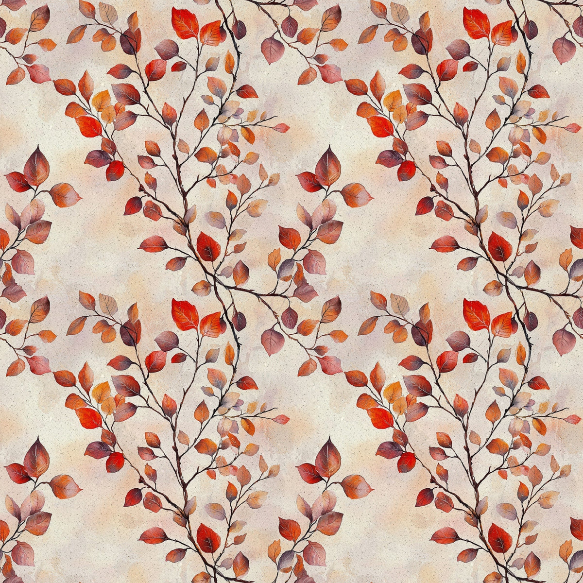 autumn leaves, fall foliage, red leaves, orange leaves, burgundy leaves, brown branches, seasonal pattern, nature design, botanical print, watercolor style,, fabric panel, warm tones, earth colors, leaf branches, organic motif, rustic charm, cozy atmosphere, repeating pattern, crafting material