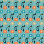 turquoise background, atomic cats, black cats, yellow eyes, orange circles, blue circles, beige circles, sunburst pattern, mid-century modern, retro style, geometric design, stylized felines, curly tails, repeating pattern,, fabric panel, atomic era, vintage inspired, starburst motifs, modern cats