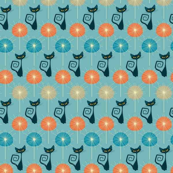 turquoise background, atomic cats, black cats, yellow eyes, orange circles, blue circles, beige circles, sunburst pattern, mid-century modern, retro style, geometric design, stylized felines, curly tails, repeating pattern,, fabric panel, atomic era, vintage inspired, starburst motifs, modern cats