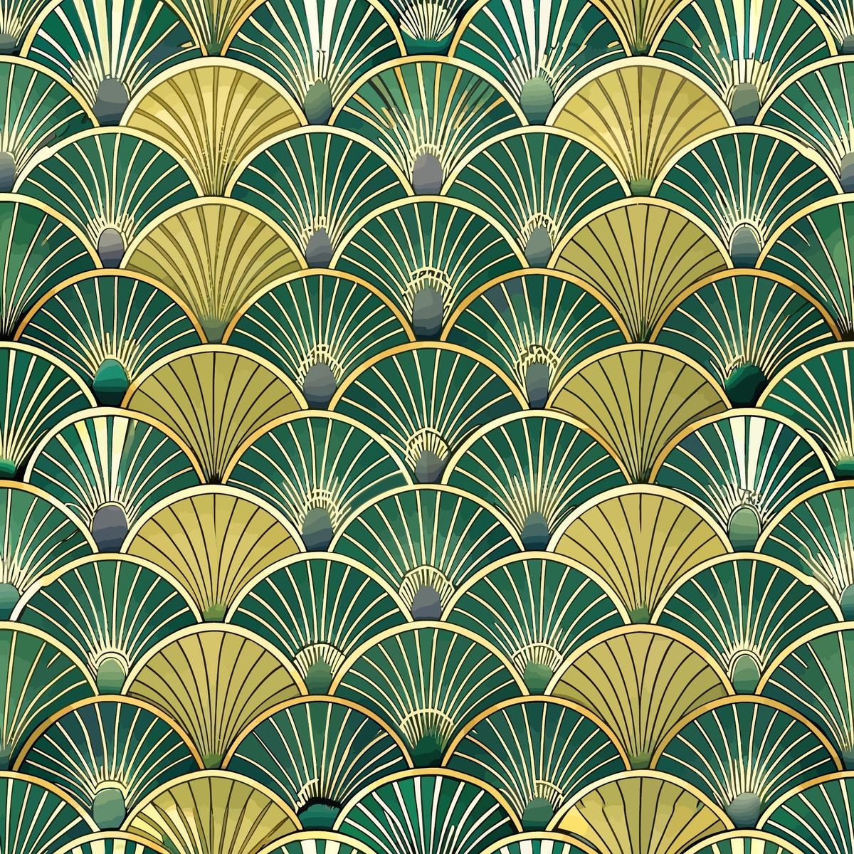 art deco, fan pattern, geometric design, emerald green, forest green, gold, cream, beige, overlapping scales, radiating lines, vintage style, 1920s inspired, luxurious, elegant motif, repeating pattern,, fabric panel, scalloped shapes, metallic accents, peacock feathers