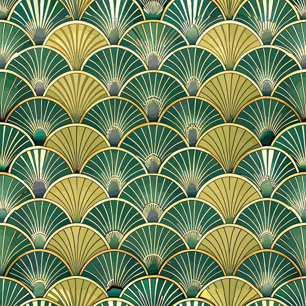 art deco, fan pattern, geometric design, emerald green, forest green, gold, cream, beige, overlapping scales, radiating lines, vintage style, 1920s inspired, luxurious, elegant motif, repeating pattern,, fabric panel, scalloped shapes, metallic accents, peacock feathers