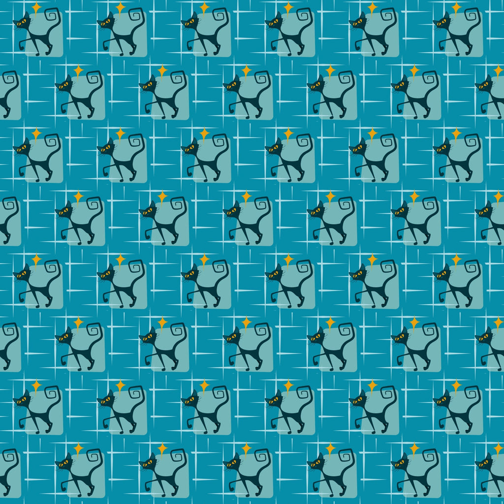 atomic kitty, mid-century modern, retro cats, turquoise blue, teal background, orange diamonds, geometric pattern, stylized cats, 1950s style, atomic age,, repeating pattern, vintage inspired, mod design, angular cats, boomerang shapes, starbursts, fabric panel, craft fabric, retro atomic
