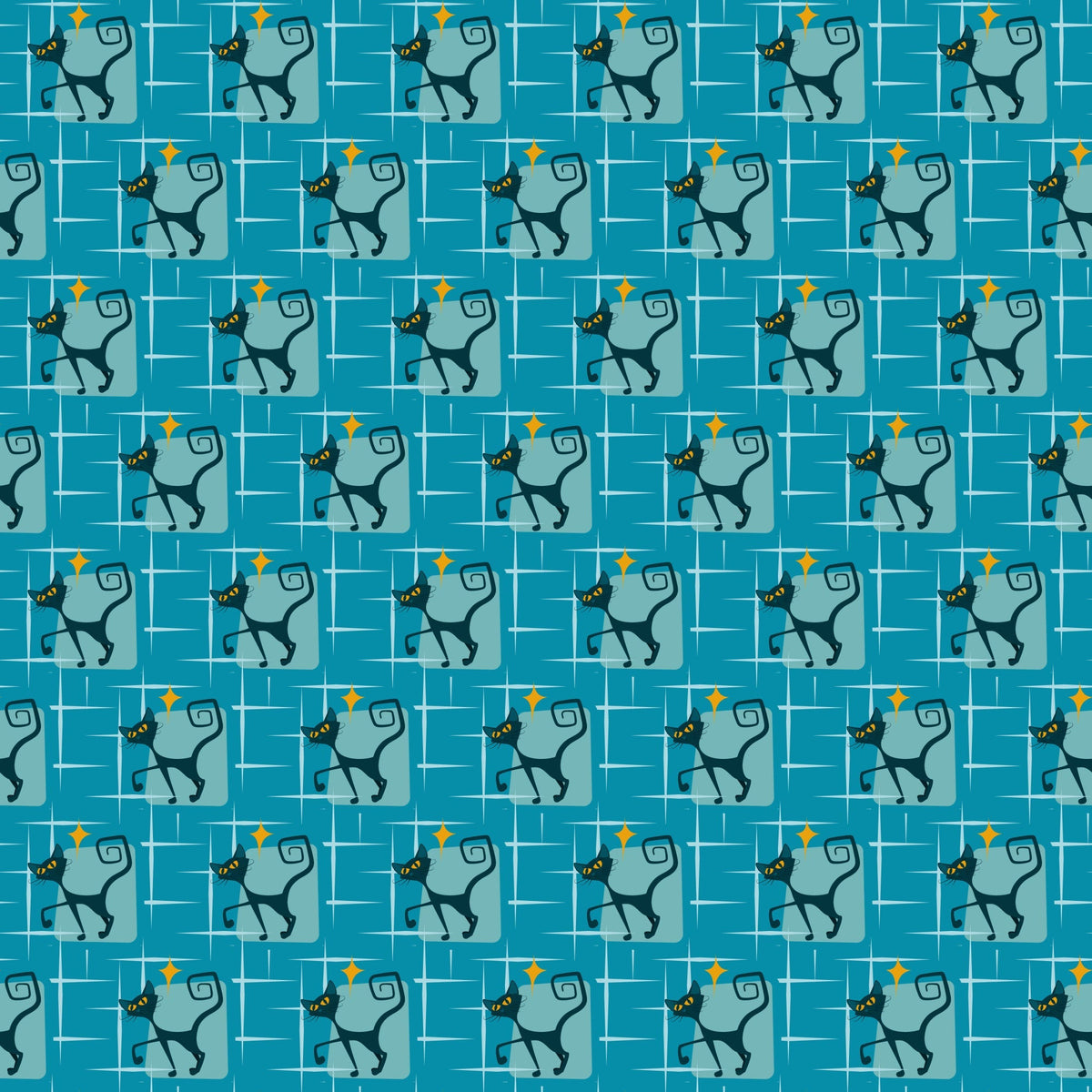 atomic kitty, mid-century modern, retro cats, turquoise blue, teal background, orange diamonds, geometric pattern, stylized cats, 1950s style, atomic age,, repeating pattern, vintage inspired, mod design, angular cats, boomerang shapes, starbursts, fabric panel, craft fabric, retro atomic