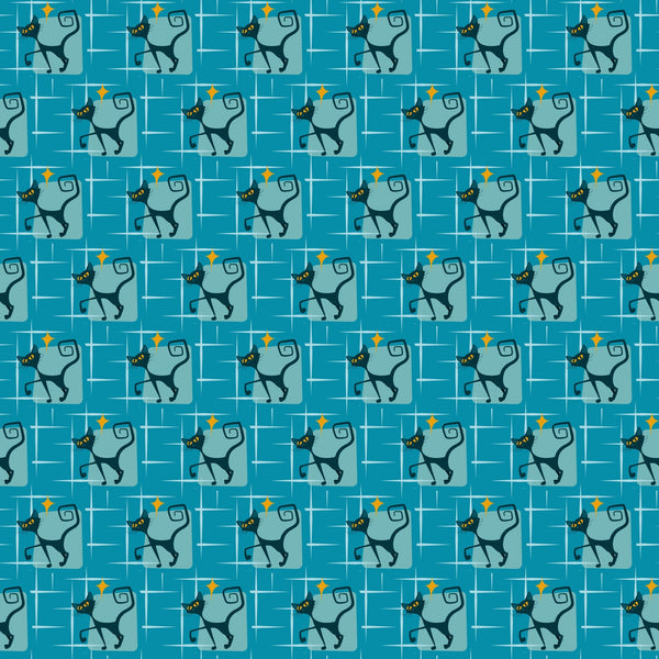 atomic kitty, mid-century modern, retro cats, turquoise blue, teal background, orange diamonds, geometric pattern, stylized cats, 1950s style, atomic age,, repeating pattern, vintage inspired, mod design, angular cats, boomerang shapes, starbursts, fabric panel, craft fabric, retro atomic