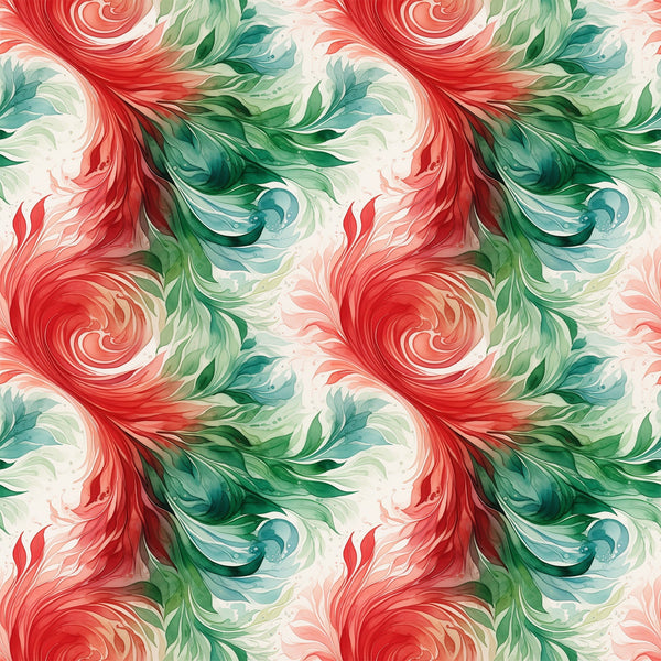 coral red, forest green, teal blue, cream white, watercolor swirls, flowing spirals, abstract pattern, seamless design, painterly style, christmas colors, holiday fabric,, fabric panel, organic movement, fluid brushstrokes, festive palette, artistic swirls, decorative motifs, winter theme, craft fabric