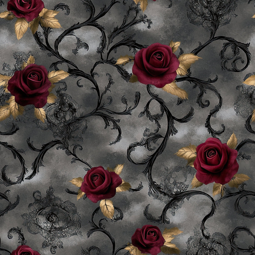 burgundy roses, deep red roses, gold leaves, black vines, gray background, charcoal gray, ornate scrolls, vintage floral, gothic floral, elegant roses, romantic floral, damask pattern, ornamental vines, luxury botanical, sophisticated design, traditional rose pattern, dark moody aesthetic, jewel tones, metallic gold accents, intricate details, victorian style, classic roses, deep wine roses, decorative scrollwork, nature-inspired, botanical print, dramatic contrast, opulent pattern, timeless design