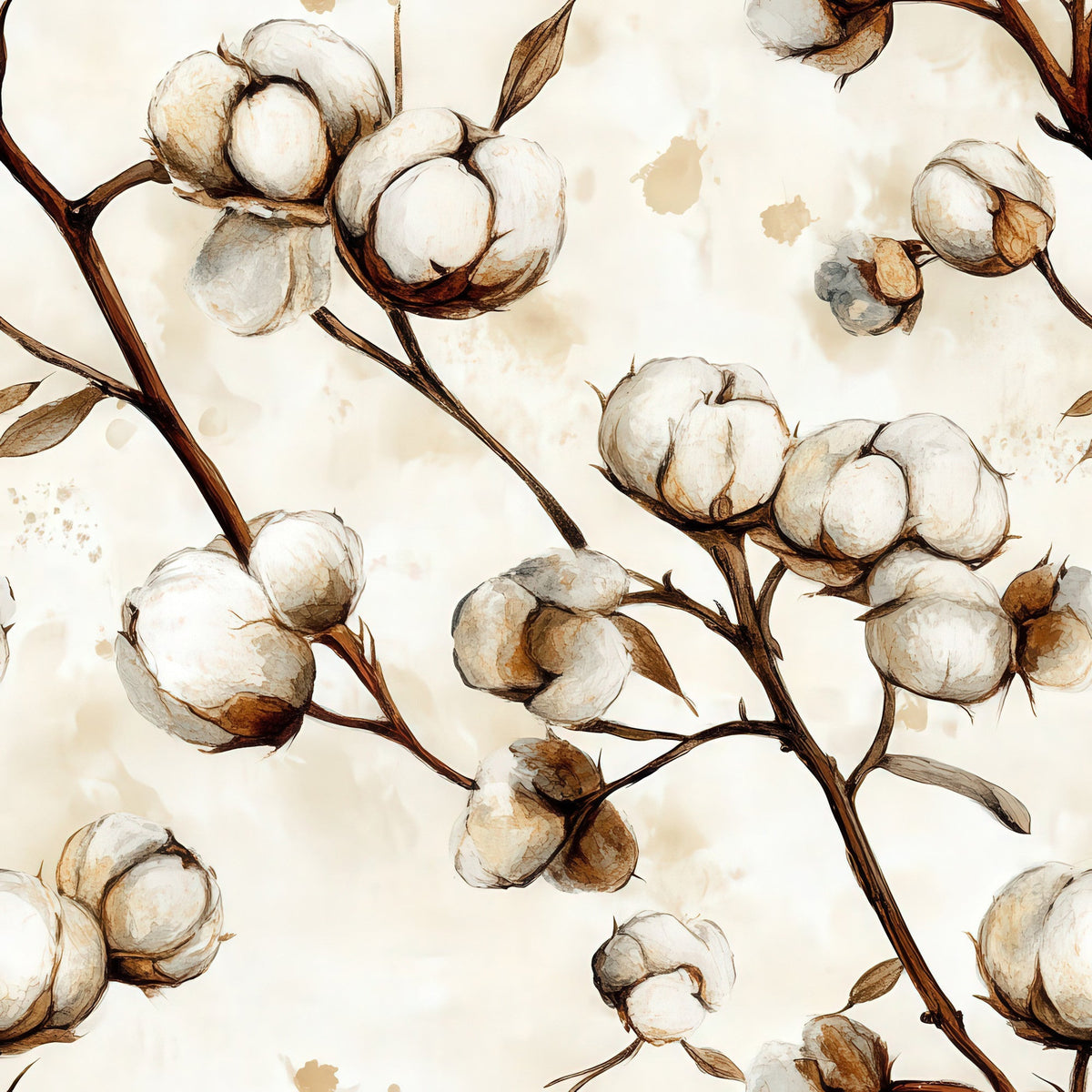 Ivory Boll Harvest Pattern 12 fleece fabric with white cotton bolls on brown branches over a warm ivory ground