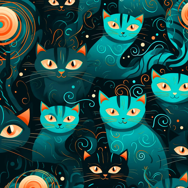 teal, turquoise, orange, black, cat faces, swirls, decorative patterns, whimsical cats, feline design,, fabric panel, mystical cats, ornamental swirls, cat eyes, geometric elements, artistic illustration, modern art style, playful design, repeating pattern, crafting fabric