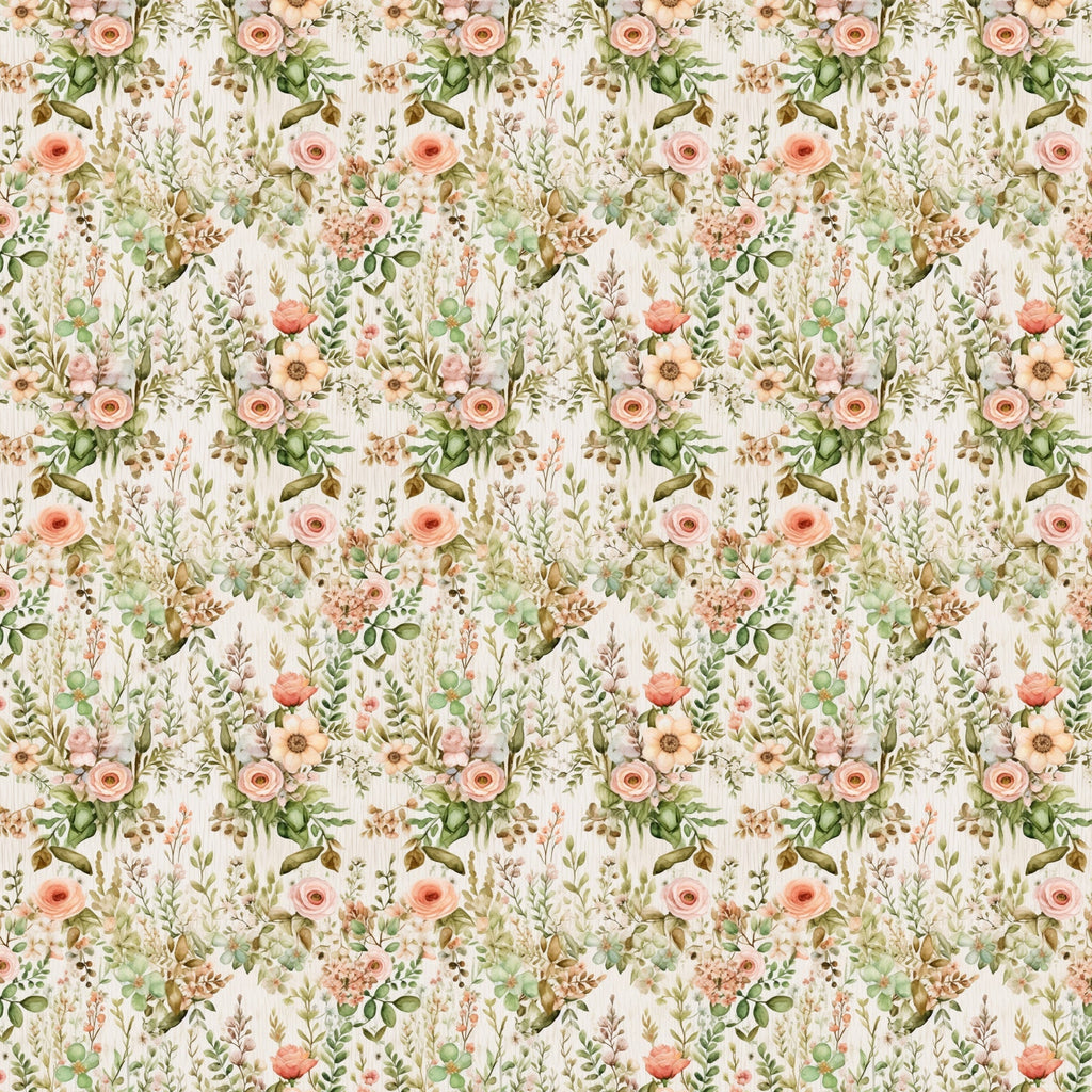 blush pink, sage green, cream background, floral pattern, roses, botanical elements, leaves, branches, repeating motif, watercolor style, vintage inspired, romantic florals,, fabric panel, english garden, soft pastels, delicate flowers, nature theme, seamless design, feminine aesthetic