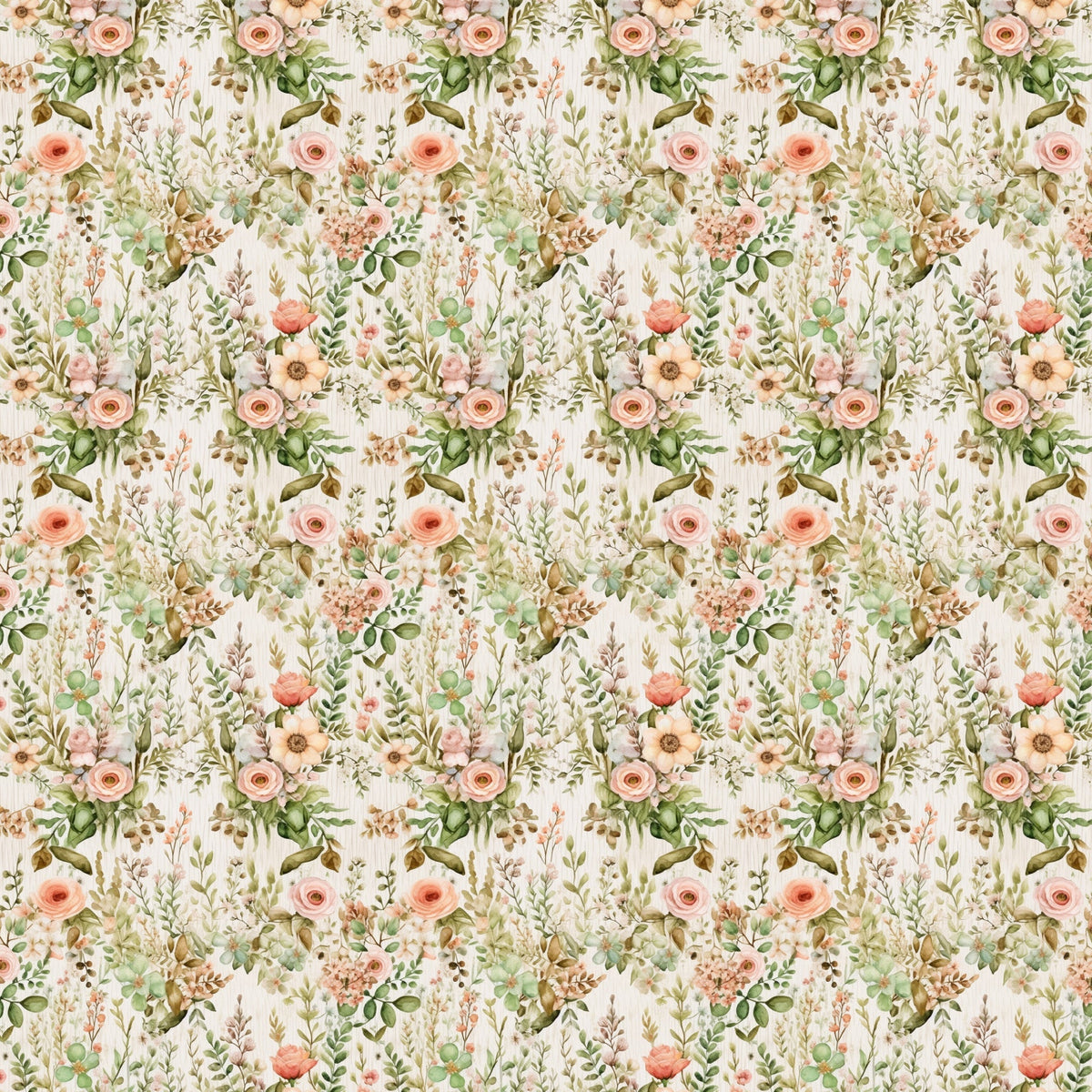 blush pink, sage green, cream background, floral pattern, roses, botanical elements, leaves, branches, repeating motif, watercolor style, vintage inspired, romantic florals,, fabric panel, english garden, soft pastels, delicate flowers, nature theme, seamless design, feminine aesthetic