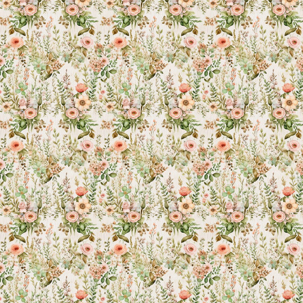 blush pink, sage green, cream background, floral pattern, roses, botanical elements, leaves, branches, repeating motif, watercolor style, vintage inspired, romantic florals,, fabric panel, english garden, soft pastels, delicate flowers, nature theme, seamless design, feminine aesthetic