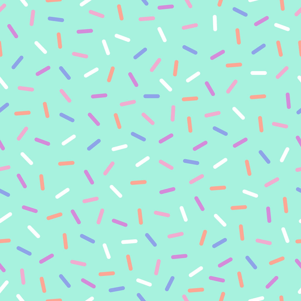 rainbow sprinkles, mint green background, colorful sprinkles, candy pattern, dessert theme, small scattered shapes, pink sprinkles, purple sprinkles, orange sprinkles, white sprinkles,, fabric panel, sweet treats, confetti design, bakery inspired, playful pattern, bright colors, food motif, cheerful design, scattered elements
