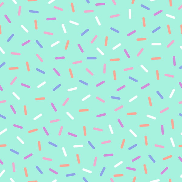 rainbow sprinkles, mint green background, colorful sprinkles, candy pattern, dessert theme, small scattered shapes, pink sprinkles, purple sprinkles, orange sprinkles, white sprinkles,, fabric panel, sweet treats, confetti design, bakery inspired, playful pattern, bright colors, food motif, cheerful design, scattered elements