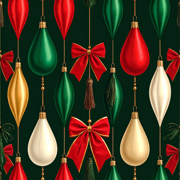 forest green, red, cream, gold, emerald green, burgundy, holiday, christmas, ornaments, baubles, elegant, traditional, festive, teardrop, bows, ribbons, tassels, luxury, metallic gold, sophisticated, seasonal, winter, decorative, glamorous, formal, vintage inspired, red bows, green ornaments, gold accents