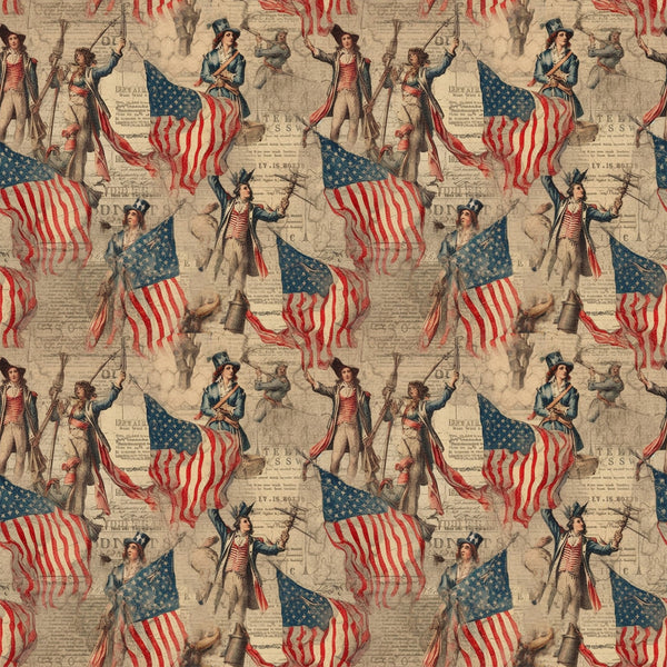 red, white, blue, patriotic soldiers, colonial figures, american flags, stars and stripes, vintage illustrations, historical theme, revolutionary war, military uniforms, flag bearers, repeating pattern,, fabric panel, americana motif, beige background, period costumes, drumming soldiers, marching band
