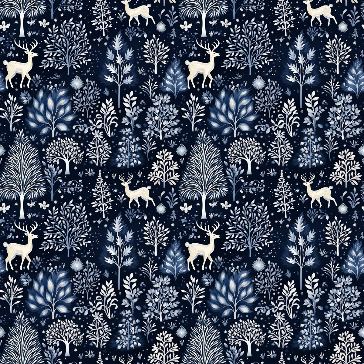 delft blue, navy background, winter forest, deer silhouettes, botanical motifs, folk art style, repeating pattern,, fabric panel, snowflakes, tree branches, nature scene, monochromatic design, scandinavian inspired, winter wonderland, forest animals, decorative foliage, textile design, crafting fabric, seasonal motifs