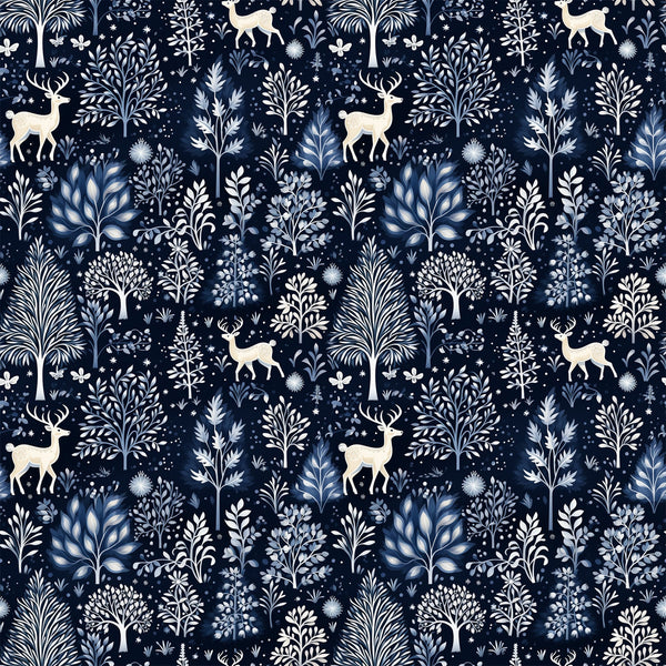 delft blue, navy background, winter forest, deer silhouettes, botanical motifs, folk art style, repeating pattern,, fabric panel, snowflakes, tree branches, nature scene, monochromatic design, scandinavian inspired, winter wonderland, forest animals, decorative foliage, textile design, crafting fabric, seasonal motifs