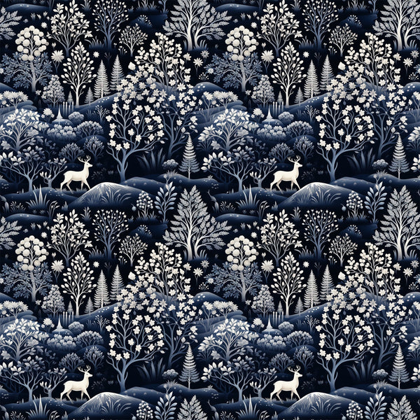 navy blue, white, cream, delft blue, deer, stags, winter forest, botanical motifs, trees, ferns, flowers, hills, landscape pattern, repeating design, monochromatic, serene mood,, fabric panel, winter theme, nature scene