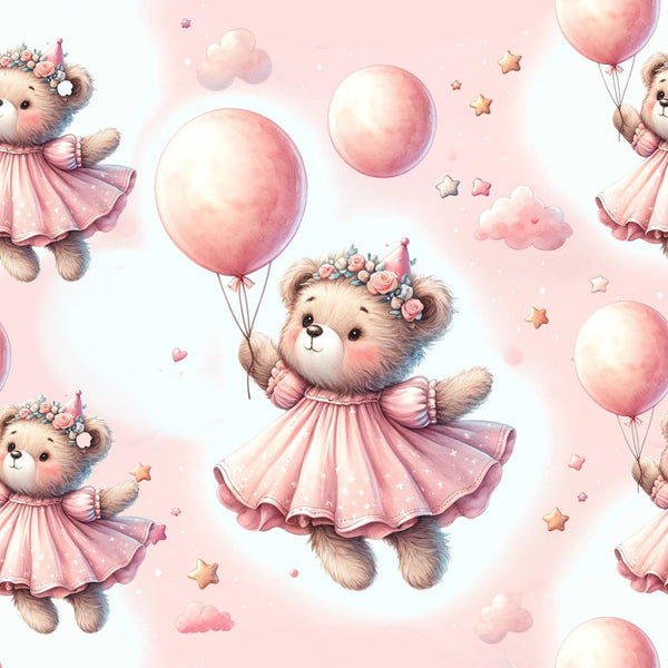 Rosy Balloon Cubs Pattern 11 fleece fabric with blush and coral teddy bears in pink dresses, floral crowns, balloons, clouds, stars and hearts
