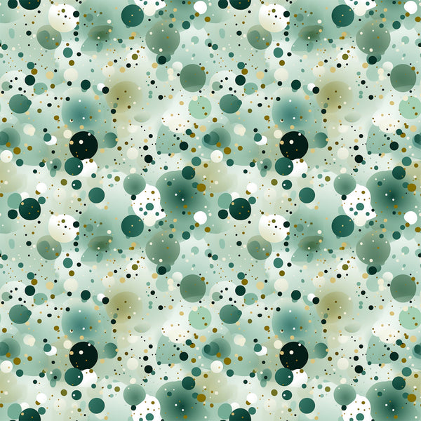 green, sage green, forest green, white, cream, gold, olive, confetti pattern, polka dots, circles, scattered dots, abstract design, geometric pattern, modern style,, fabric panel, contemporary, playful, spotted design, dotted fabric, crafting material