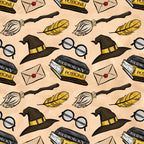 peach background, wizard hat, round glasses, broomstick, golden feather, herbology potions, sealed envelope, magical items, repeating pattern, whimsical illustration, cartoon style,, fabric panel, witch accessories, school supplies, yellow accents, brown tones, mystical theme, craft fabric, sewing material