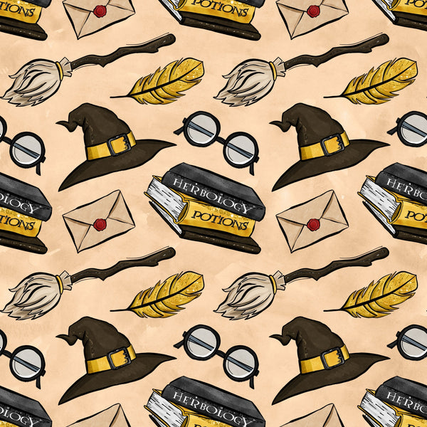 peach background, wizard hat, round glasses, broomstick, golden feather, herbology potions, sealed envelope, magical items, repeating pattern, whimsical illustration, cartoon style,, fabric panel, witch accessories, school supplies, yellow accents, brown tones, mystical theme, craft fabric, sewing material