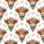 highland cow, brown, cream, pink hearts, green gingham, floral crown, bandana, wheat stalks, pastel colors, repeating pattern, farm animals, cute illustration, watercolor style,, fabric panel, country theme, rustic charm, soft pastels, bovine heads, cottage core