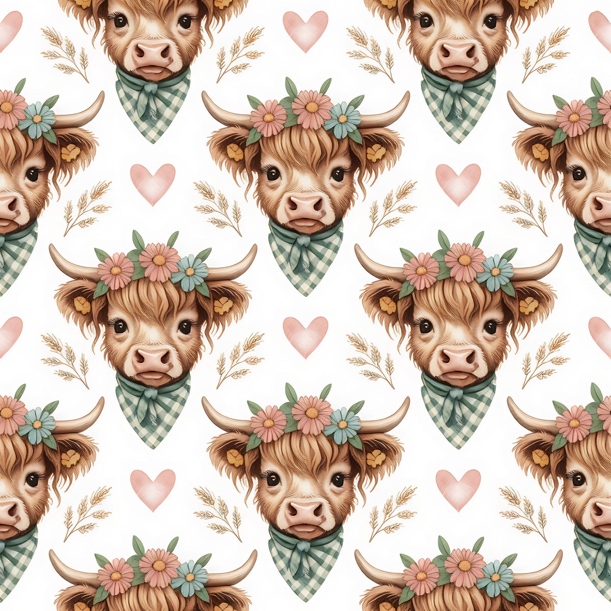highland cow, brown, cream, pink hearts, green gingham, floral crown, bandana, wheat stalks, pastel colors, repeating pattern, farm animals, cute illustration, watercolor style,, fabric panel, country theme, rustic charm, soft pastels, bovine heads, cottage core