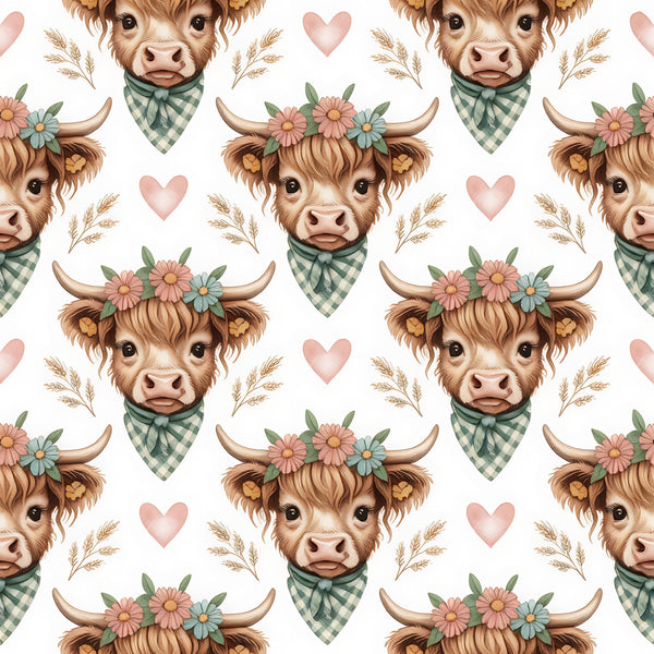 highland cow, brown, cream, pink hearts, green gingham, floral crown, bandana, wheat stalks, pastel colors, repeating pattern, farm animals, cute illustration, watercolor style,, fabric panel, country theme, rustic charm, soft pastels, bovine heads, cottage core