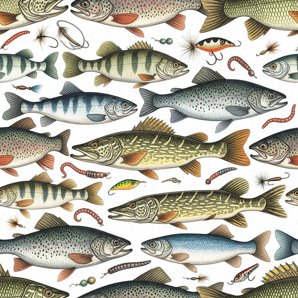 fishing, fish, trout, salmon, pike, bass, perch, fishing lures, hooks, bait, worms, insects, vintage, traditional, nature, aquatic, water, cream, tan, olive green, forest green, navy blue, rust orange, red-orange, speckled, spotted, striped, detailed, naturalistic, illustration