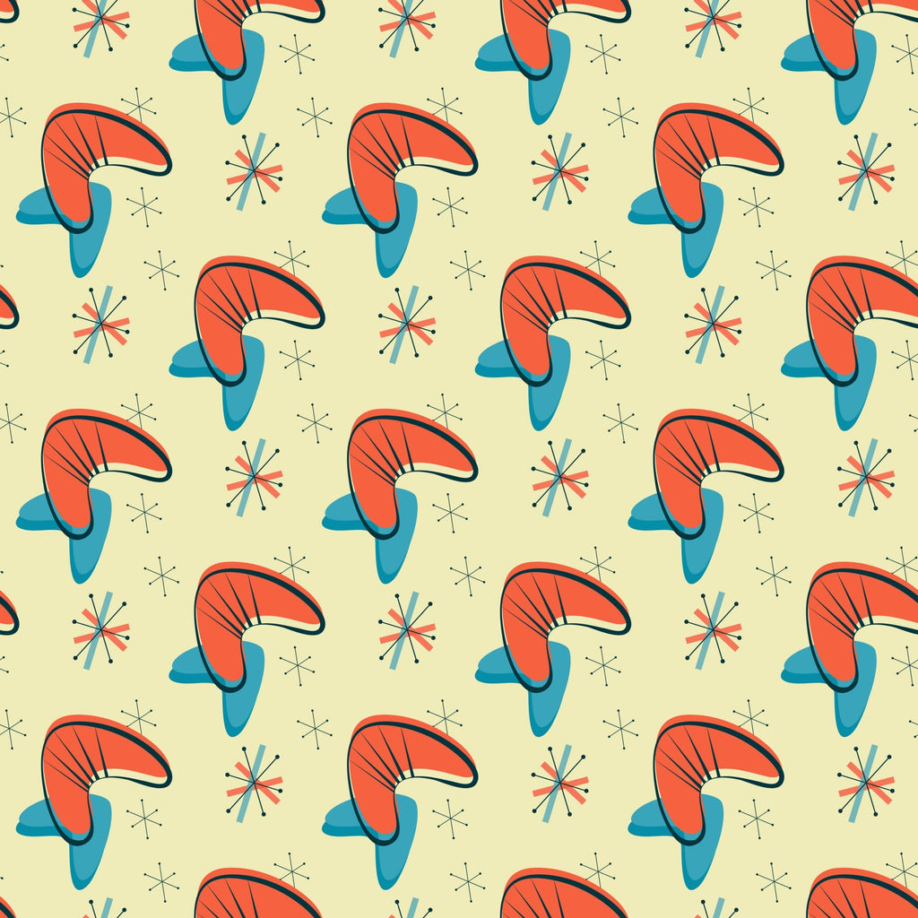 coral orange, teal blue, cream background, atomic starburst, mid-century modern, boomerang shapes, geometric pattern, retro design, 1950s style, space age motif,, fabric panel, modernist aesthetic, atomic era, starburst elements, vintage inspired, angular shapes, repeating pattern, cotton fabric
