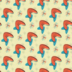 coral orange, teal blue, cream background, atomic starburst, mid-century modern, boomerang shapes, geometric pattern, retro design, 1950s style, space age motif,, fabric panel, modernist aesthetic, atomic era, starburst elements, vintage inspired, angular shapes, repeating pattern, cotton fabric