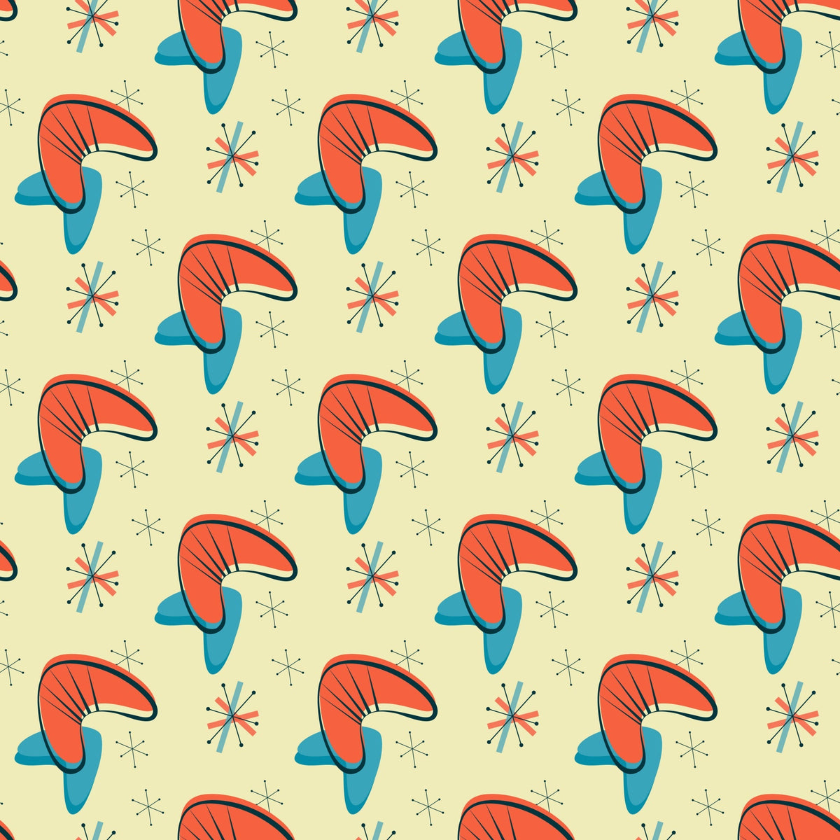 coral orange, teal blue, cream background, atomic starburst, mid-century modern, boomerang shapes, geometric pattern, retro design, 1950s style, space age motif,, fabric panel, modernist aesthetic, atomic era, starburst elements, vintage inspired, angular shapes, repeating pattern, cotton fabric