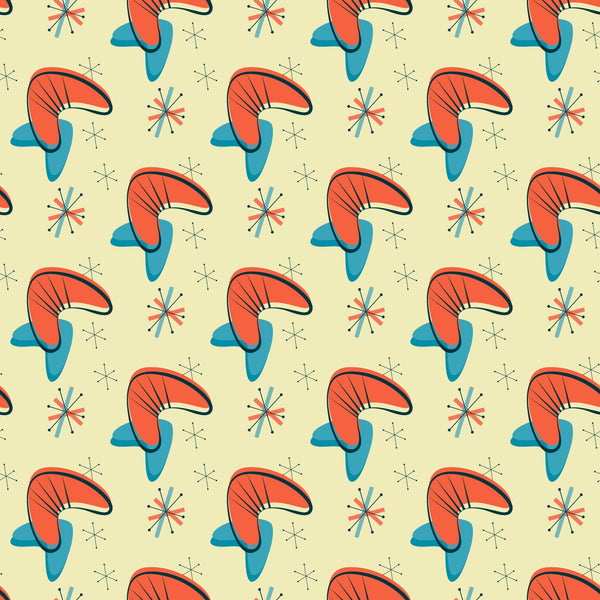 coral orange, teal blue, cream background, atomic starburst, mid-century modern, boomerang shapes, geometric pattern, retro design, 1950s style, space age motif,, fabric panel, modernist aesthetic, atomic era, starburst elements, vintage inspired, angular shapes, repeating pattern, cotton fabric