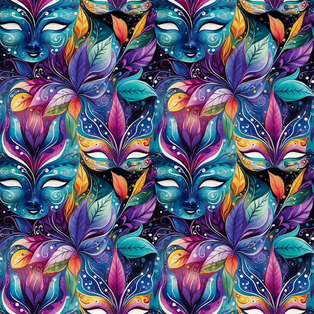 mardi gras masks, vibrant purple, teal blue, magenta pink, orange accents, yellow highlights, decorative feathers, ornate swirls, carnival theme, festive pattern,, fabric panel, intricate details, colorful leaves, masquerade design, repeating motif, rich jewel tones, elaborate decoration, party atmosphere