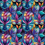 mardi gras masks, vibrant purple, teal blue, magenta pink, orange accents, yellow highlights, decorative feathers, ornate swirls, carnival theme, festive pattern,, fabric panel, intricate details, colorful leaves, masquerade design, repeating motif, rich jewel tones, elaborate decoration, party atmosphere