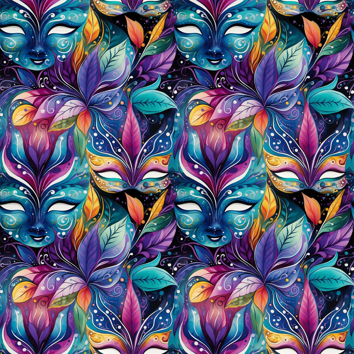 mardi gras masks, vibrant purple, teal blue, magenta pink, orange accents, yellow highlights, decorative feathers, ornate swirls, carnival theme, festive pattern,, fabric panel, intricate details, colorful leaves, masquerade design, repeating motif, rich jewel tones, elaborate decoration, party atmosphere