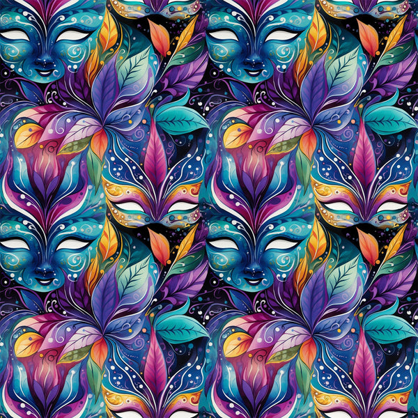 mardi gras masks, vibrant purple, teal blue, magenta pink, orange accents, yellow highlights, decorative feathers, ornate swirls, carnival theme, festive pattern,, fabric panel, intricate details, colorful leaves, masquerade design, repeating motif, rich jewel tones, elaborate decoration, party atmosphere