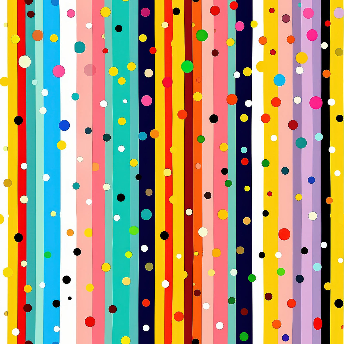 colorful stripes, polka dots, vertical stripes, geometric pattern, rainbow colors, yellow, blue, red, pink, teal, orange, green, purple, white, black, bright colors, modern design, abstract pattern,, fabric panel, cheerful, playful design, multicolored