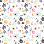 halloween, spooky, ghost, witch, spider, web, balloon, candy, pumpkin, skeleton, boo, trick or treat, orange, pink, purple, green, pastel, whimsical, playful, kids, children, autumn, fall, holiday, creepy cute, festive, boy and girl, character print, novelty