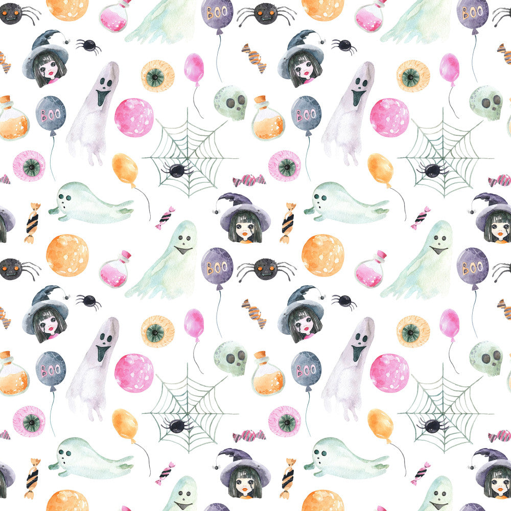 halloween, spooky, ghost, witch, spider, web, balloon, candy, pumpkin, skeleton, boo, trick or treat, orange, pink, purple, green, pastel, whimsical, playful, kids, children, autumn, fall, holiday, creepy cute, festive, boy and girl, character print, novelty