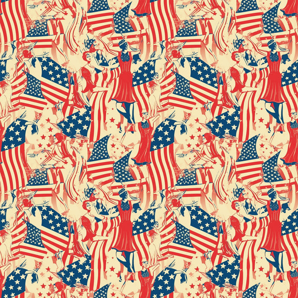 red, white, blue, cream, beige, americana, patriotic, american flags, stars and stripes, vintage style, retro illustrations, people figures, dancing figures, celebratory scenes, repeating pattern,, fabric panel, fourth of july, independence day, nostalgic artwork