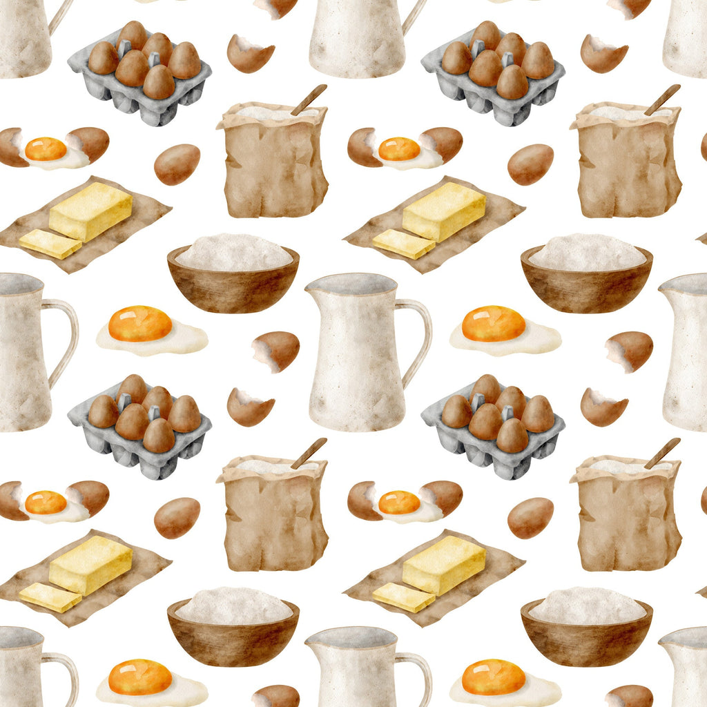 watercolor baking, kitchen ingredients, brown eggs, butter sticks, flour bowls, milk pitchers, fried eggs, egg cartons, baking supplies, cream colors, beige tones, brown hues, orange accents, cooking pattern, culinary design,, fabric panel, food illustration, kitchen theme, baking motifs