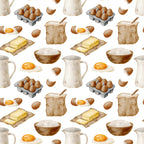 watercolor baking, kitchen ingredients, brown eggs, butter sticks, flour bowls, milk pitchers, fried eggs, egg cartons, baking supplies, cream colors, beige tones, brown hues, orange accents, cooking pattern, culinary design,, fabric panel, food illustration, kitchen theme, baking motifs